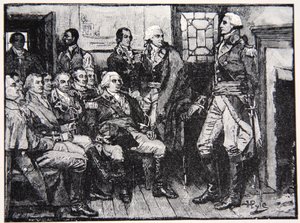Washington und seine Generäle in Beratung, 15. März 1783, Illustration aus Harper