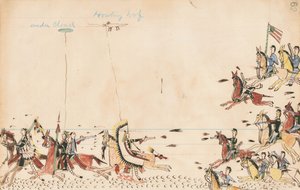 Unter Wolken und Heulender Wolf kämpfen mit Gen. Sully im Jahr 1868, 7. Kavallerie nahe dem heutigen Camp Supply, 1874-75 (Feder, Tinte und Aquarell auf Kontobuchpapier) von Howling Wolf