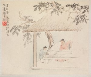 Album mit Landschaftsmalereien, die alte Gedichte illustrieren: Ein Mann sitzt an einem Tisch vor einer offenen Schriftrolle; ein Junge mischt Tinte von Hua Yan
