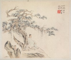 Album von Landschaftsgemälden, die alte Gedichte illustrieren: Ein alter Mann sitzt unter einem Kiefernbaum..., 1700er Jahre von Hua Yan