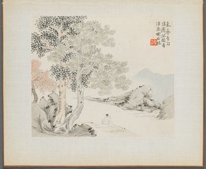 Album mit Landschaftsmalereien, die alte Gedichte illustrieren: Drei große Bäume, ein Bach mit einem alten Mann, der am Ufer sitzt von Hua Yan