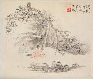 Album mit Landschaftsgemälden, die alte Gedichte illustrieren: Zwei Figuren draußen, 1700er von Hua Yan