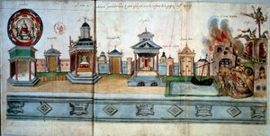 Frontispiz, das die Passion und Auferstehung Jesu Christi illustriert. Von links nach rechts: Paradies (mit einem leeren Raum), das Tor von Nazareth, der Tempel, das Tor von Jerusalem, der Palast (mit dem Haus der Rätsel), das Doree-Tor, das Limbo der Väte von Hubert Cailleau
