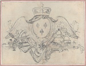 Wappen des Königs von Frankreich mit Flügeln und wissenschaftlichen Instrumenten von Hubert Francois Gravelot