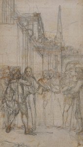 Literarische Illustration: Mann mit Schwert konfrontiert Gruppe von Figuren vor Gebäude von Hubert Francois Gravelot