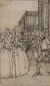Literarische Illustration mit zwei Damen und zwei Herren auf einer Straße von Hubert Francois Gravelot