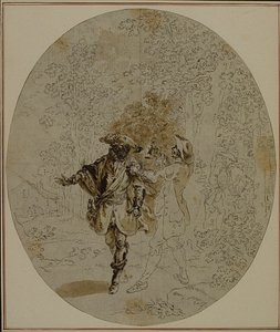 Studie für eine nie veröffentlichte zweite Ausgabe von Colles "La Partie de Chasse de Henri IV", Akt II, Szene 11 von Hubert Francois Gravelot