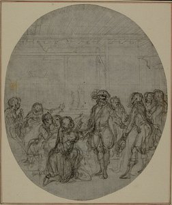 Studie für eine nie veröffentlichte zweite Ausgabe von Colles "La Partie de Chasse de Henri IV", Akt III, Szene 13 von Hubert Francois Gravelot