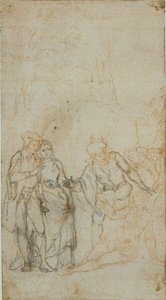 Unidentifizierte literarische Illustration mit einer Gruppe von Figuren um eine liegende Figur in der Landschaft von Hubert Francois Gravelot