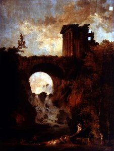 Ein Capriccio eines zerstörten Tempels bei einer Brücke über einen Wasserfall mit einer Wippe