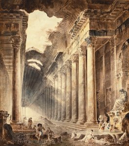 Ein Kolonnaden-Thermalgebäude, das Dach teilweise offen zum Himmel, mit Mädchen, die an einem Brunnen unter einer Statue Wäsche waschen von Hubert Robert