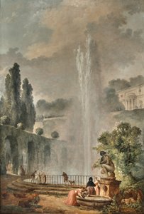 Ein Gartenlandschaft mit einer Villa mit Blick auf einen großen Brunnen von Hubert Robert