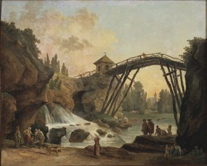Künstler zeichnet die Holzbrücke im Park von Méréville