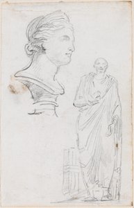 Büste einer römischen Frau und Statue eines römischen Mannes