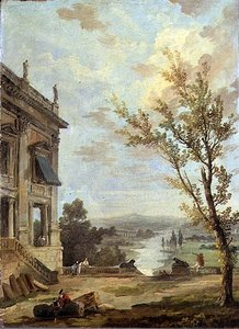 Italienische Landschaft mit dem Kapitolinischen Palazzo Nuovo und vornehmen Leuten auf einer Terrasse, ein Fluss dahinter von Hubert Robert