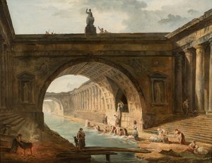 Capriccio mit Wäscherinnen an einem Kanal von Hubert Robert
