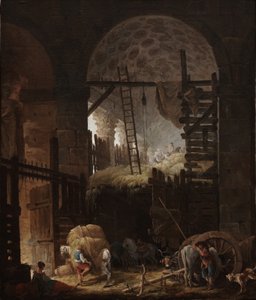 Inneres der Villa Giulia mit Heuarbeitern von Hubert Robert