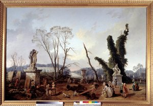 Le Carpet Vert zur Zeit des Baumfällens im Winter 1774-1775 in den Gärten von Versailles (im Vordergrund König Ludwig XVI. und Königin Marie-Antoinette). Der grüne Teppich wird auch die königliche Allee genannt. Gemälde von Hubert Robert (1733-1808) von Hubert Robert