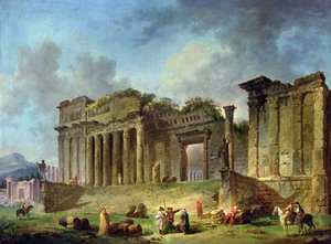 Mann skizziert die Ruinen eines klassischen Tempels von Hubert Robert