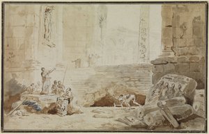 Römisches Capriccio mit Straßensängerin von Hubert Robert