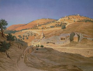 Hügelige Landschaft mit Arabern und einem zerstörten Tempel von Hubert Sattler