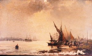 Fischerleute am Ufer in einer ruhigen Mündungsszene bei Tagesanbruch von Hubert Thornley
