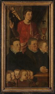 Linker Flügel eines Gedenk-Triptychons, ehemals Gertz-Gedenk-Triptychon genannt, mit neun männlichen Stifterporträts mit dem heiligen Johannes dem Evangelisten (innen) und dem heiligen Petrus (außen)