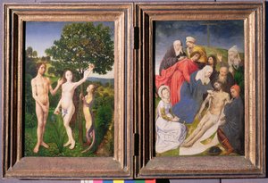Diptychon: Der Sündenfall (Adam und Eva, Schlange und Apfel) und Kreuzabnahme Jesu (nach 1479)