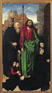 Das Portinari-Triptychon, St. Thomas und St. Antonius der Einsiedler mit Tommaso Portinari und zwei Söhnen Antonio und Pigello, linker Flügel, ca. 1479