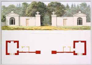 Aufriss und Grundrisse des vorgeschlagenen neuen Eingangstors und der Lodges, aus dem Roten Buch für Antony House, ca. 1812