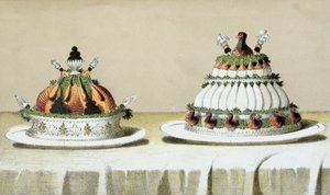 Entwurf für die Präsentation von Huhn gefüllt mit Foie Gras und Fasanenbrüsten, gekocht nach Berthold-Art, Illustration aus einem ungarischen Kochbuch über die französische Küche, ca. 1880