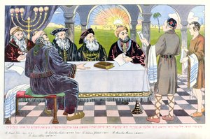 Gelehrte am Tisch von Maimonides, aus einer Pessach-Haggada