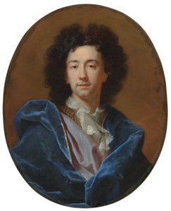 Porträt des Künstlers, Brustbild, in einer Spitzenkrawatte und einem blauen Umhang von Hyacinthe Francois Rigaud