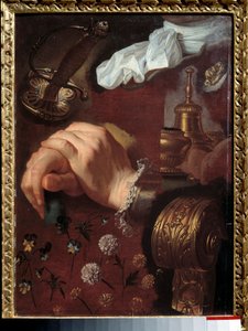 Studie von gekreuzten Händen, Stoffen, Blumen, Glocke, Degen von Hyacinthe Francois Rigaud