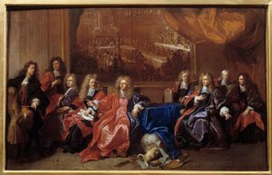 Der Prévot und die Schöffen der Stadt Paris beraten über die Gedenkfeier des Abendessens, das Ludwig XIV. im Hotel de Ville nach seinem Krieg 1687 angeboten wurde