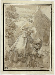 Sitzender Mann im Mantel bei Strohhütte von III Follower of Herman Saftleven