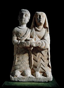 Iberische Kunst: Statuette eines Paares, das ein Opfer darbringt. Skulptur aus Albacete, Cerro de los Santos, Spanien. 4.-2. Jahrhundert v. Chr. Madrid, Nationales Archäologisches Museum
