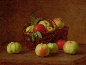 Äpfel in einem Korb und auf einem Tisch von Ignace Henri Jean Fantin Latour