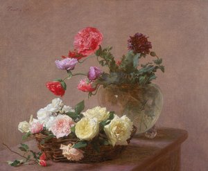 Mohnblumen in einer Kristallvase oder Korb mit Rosen, 1890 von Ignace Henri Jean Fantin Latour