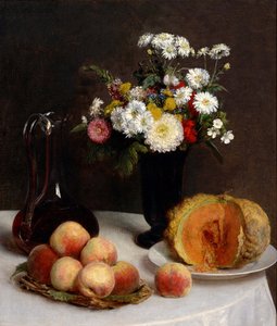 Stillleben mit Karaffe, Blumen und Früchten
