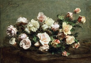 Vase mit weißen Rosen auf einem Tisch von Ignace Henri Jean Fantin Latour