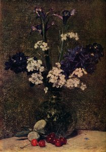Blumenvase mit Kirschen und Mandeln auf dem Tisch, Stillleben, Schwertlilien, Delphinium-Hybriden von Ignace Henri Jean Fantin Latour