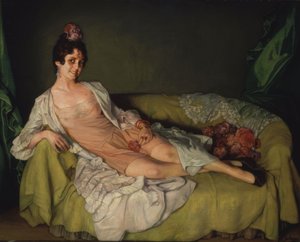 (Frau auf einem Sessel liegend in Kombination und Bademantel) von Ignacio Zuloaga y Zabaleta