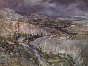 Landschaft in Navarra – 20. Jahrhundert – 75,5 × 09 cm – Öl auf Karton