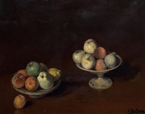 Stillleben mit Obstschale und Teller mit Äpfeln