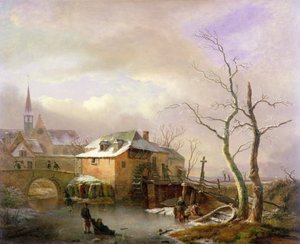 Winterlandschaft mit Bauern auf einem zugefrorenen Mühlenteich bei einem Dorf von Ignatius Josephus van Regemorter