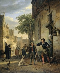 Jan Steen schickt seinen Sohn auf die Straße, um Gemälde gegen Bier und Wein zu tauschen von Ignatius Josephus van Regemorter