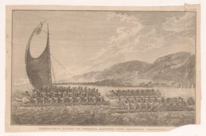 Einwohner von Hawaii und ihr König fahren in Kanus zu James Cook, um ihm Geschenke zu bringen