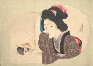 Druck [Frau und Welpen], frühes bis mittleres 19. Jahrhundert von Ikeda Eisen