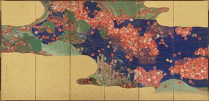 Ahornblätter auf einem Bach, sechsteilige Leinwand, Edo-Periode, 1856-58